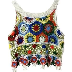 Boho Sunburst Handmade Crochet festival top OS retro 60's  hippie cochella